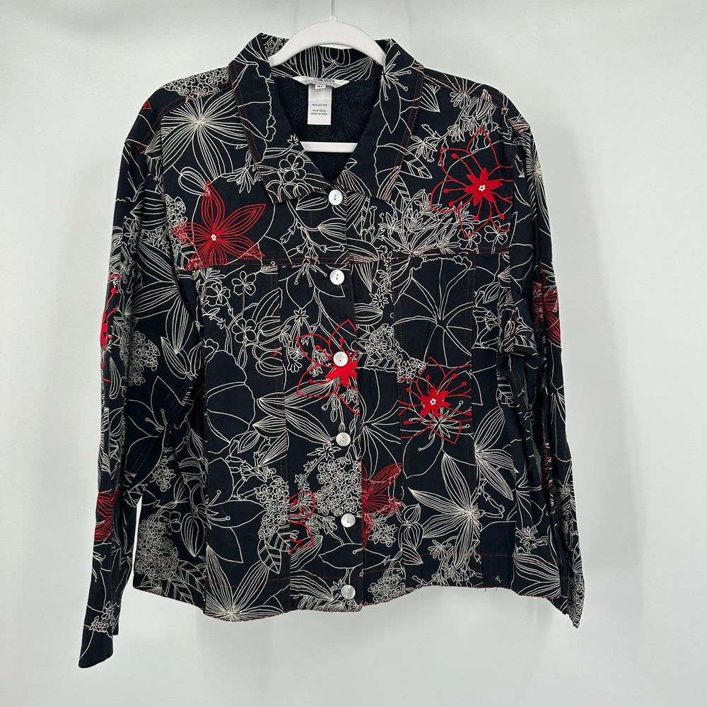 Womens Whimsical Embroidered Floral Button Jacket Top Size XL‎ Black Red